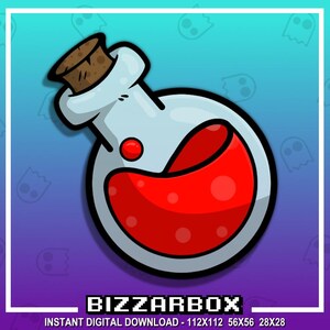 Może przedstawiać: Kreskówkowa ilustracja szklanej butelki z eliksirem z korkowym korkiem. Butelka jest wypełniona czerwonym płynem. Tło to niebieski i fioletowy gradient z białymi sylwetkami duchów.