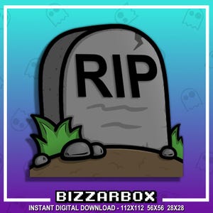 Pode incluir: Uma ilustração de desenho animado de uma lápide cinza com a palavra "RIP" em letras pretas. A lápide é cercada por grama verde e terra marrom.