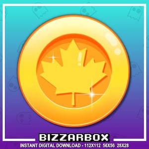 May include: A gold coin with a stylized yellow maple leaf design. The coin has a shiny, metallic finish and a raised edge. The text "BIZZARBOX" is printed below the coin.