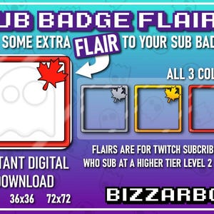 Puede incluir: Descarga digital de tres flairs de insignia de suscriptor de Twitch de diferentes colores. Los flairs presentan una hoja de arce canadiense en rojo, plateado y dorado. El texto "SUB BADGE FLAIRS" y "ALL 3 COLORS" es visible en la imagen. El texto "INSTANT DIGITAL DOWNLOAD" también es visible. Los tamaños 18x18, 36x36 y 72x72 se enumeran debajo del texto.