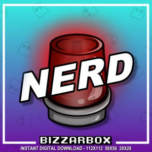 May include: A red and white cartoon siren with the word "NERD" in white letters. The siren is on a blue and purple background with ghost silhouettes.