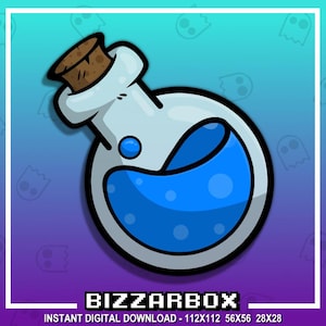 May include: A cartoon image of a potion bottle with a cork stopper. The bottle is white with a blue liquid inside. The image has a purple and blue gradient background with the text "BIZZARBOX" at the bottom.