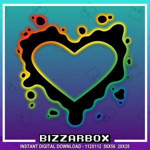 May include: A black heart-shaped graphic with a rainbow outline against a purple background with white ghost silhouettes. The text "BIZZARBOX" is at the bottom of the image with the text "INSTANT DIGITAL DOWNLOAD - 112X112 56X56 28X28" below it.