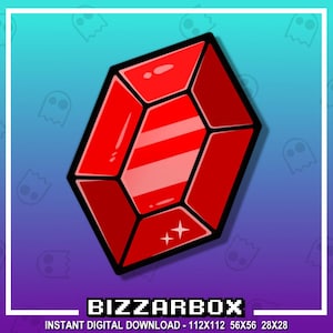 以下が含まれることがあります： 黒いアウトラインの赤い宝石のイラスト。赤色のグラデーションと2つの白い星が特徴です。画像には、下部に「BIZZARBOX」というテキストが含まれています。
