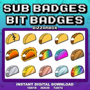 TACOS Twitch Sub Badges / Cheer Bit Badges / Emotes / Emoji / Loyalty Badges / Streamer / Stream / Subscriber / Gamer / Emote / Channel
