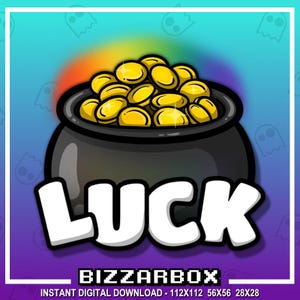 May include: A black pot overflowing with gold coins, with the word "LUCK" in large white letters on a purple background. The text "BIZZARBOX" is below the pot, with the words "INSTANT DIGITAL DOWNLOAD - 112X112 56X56 28X28" below that.
