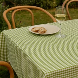 Può includere: Una tovaglia a quadri verdi e bianchi copre un tavolo apparecchiato per un pasto. Un piatto con pane e un bicchiere di vino bianco sono sul tavolo. Due sedie di legno sono sullo sfondo.