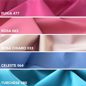 May include: Close-up of five swatches of textured fabric in various colors. The colors include fuchsia, light pink, off-white, light blue, and turquoise. Each swatch has a color name and number printed on it.