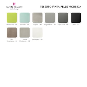 May include: A color chart of faux leather fabric swatches. The swatches are in various colors, including green, blue, gray, and black. The text on the chart includes the brand name "PANINI TESSUTI" and color names.