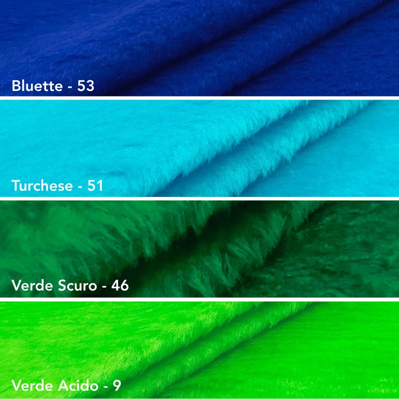 May include: Four swatches of faux fur fabric arranged in horizontal panels. The colors are deep blue labeled Bluette - 53, bright turquoise labeled Turchese - 51, dark green labeled Verde Scuro - 46, and neon green labeled Verde Acido - 9.