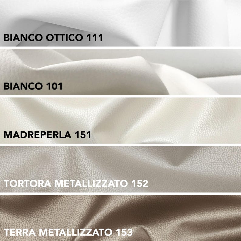 May include: Close-up of five fabric swatches in varying shades of white, beige, and brown. The top swatch is labeled "BIANCO OTTICO 111", followed by "BIANCO 101", "MADREPERLA 151", "TORTORA METALLIZZATO 152", and "TERRA METALLIZZATO 153". The fabrics have a textured appearance.