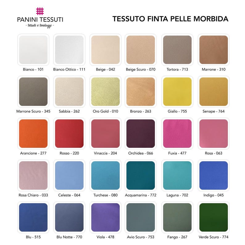 May include: A color chart of faux leather swatches. The chart displays a variety of colors, including white, beige, brown, yellow, orange, red, pink, blue, and green. Each swatch is labeled with a color name and a number.