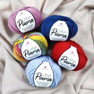 Puede incluir: Cinco ovillos de lana Lana Piuma en rosa, azul oscuro, multicolor, rojo y azul claro. Cada ovillo tiene una etiqueta blanca con el texto Lana Piuma, 80% Lana Merinos Irrestringibile, 20% Acrilico y el logotipo de la marca Panini Filati.