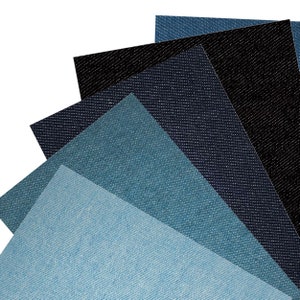 Può includere: Una collezione di campioni di tessuto denim in diverse tonalità di blu, dal chiaro allo scuro, disposti a ventaglio.