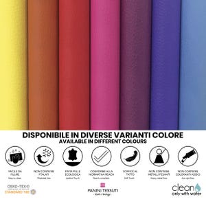 May include: A vibrant display of colorful faux leather rolls in shades of yellow, orange, red, pink, purple, and blue. The image includes text in Italian and English, highlighting features like easy cleaning and phthalate-free materials.