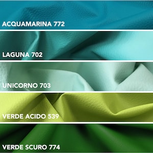 May include: A color palette featuring five swatches of textured fabric in shades of blue, green, and yellow. The colors are labeled "ACQUAMARINA 772", "LAGUNA 702", "UNICORNO 703", "VERDE ACIDO 539", and "VERDE SCURO 774".