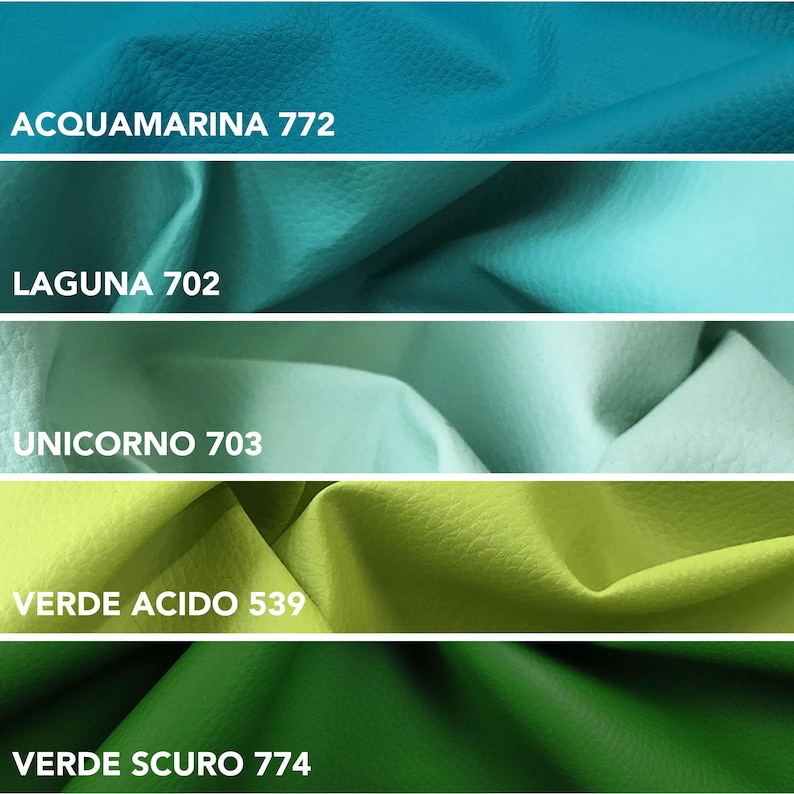 May include: A color palette featuring five swatches of textured fabric in shades of blue, green, and yellow. The colors are labeled "ACQUAMARINA 772", "LAGUNA 702", "UNICORNO 703", "VERDE ACIDO 539", and "VERDE SCURO 774".