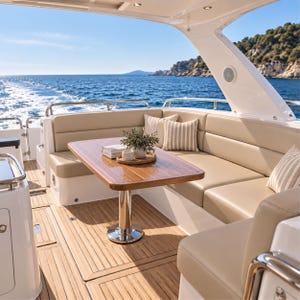 Peut inclure: Le pont arrière d'un yacht présente une table en teck avec une petite plante en pot et des livres, entourée de banquettes en cuir beige avec des coussins rayés. Le sol du pont est en lattes de teck, surplombant la mer bleue ouverte.