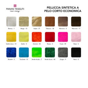May include: A color chart for short-pile faux fur fabric featuring eighteen square swatches in white, beige, fox, tobacco, brown, dark brown, egg yellow, yellow, orange, red, fuchsia, pink, blue, turquoise, lime, dark green, gray, and black.