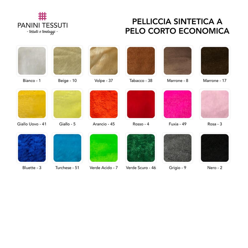 May include: A color chart for short-pile faux fur fabric featuring eighteen square swatches in white, beige, fox, tobacco, brown, dark brown, egg yellow, yellow, orange, red, fuchsia, pink, blue, turquoise, lime, dark green, gray, and black.