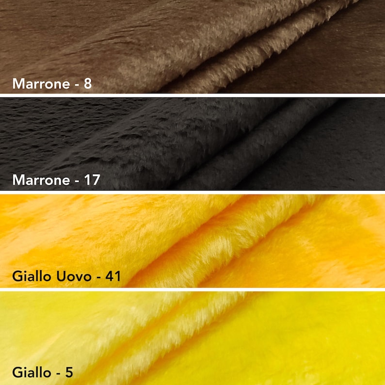 May include: A collection of four fabric swatches featuring faux fur in distinct colors. The top section is brown labeled Marrone - 8, followed by dark brown labeled Marrone - 17, bright orange labeled Giallo Uovo - 41, and yellow labeled Giallo - 5.