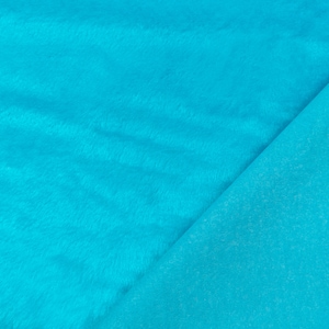 May include: A vibrant turquoise fabric featuring a plush, faux fur texture on one side and a smooth, solid-colored woven backing on the other. The material displays a consistent, bright blue-green hue across both the soft, fuzzy surface and the flat, matte underside, showcasing the contrast between the two distinct textile finishes.