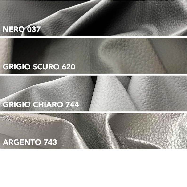 May include: Close-up of four swatches of textured leather in shades of gray and black. The swatches are labeled with Italian text: Nero 037, Grigio Scuro 620, Grigio Chiaro 744, and Argento 743. The leather has a subtle grain.