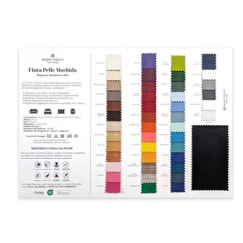May include: A fabric swatch card featuring a variety of colors and textures. The card includes a black swatch and a range of colors, including beige, brown, red, and blue. Text in Italian reads "Finta Pelle Morbida".