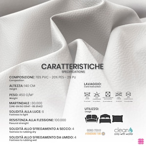 May include: A close-up of white fabric with detailed specifications. The fabric is 140 cm in height and weighs 450 g/m&sup2;. The image includes care instructions and usage icons for furniture.