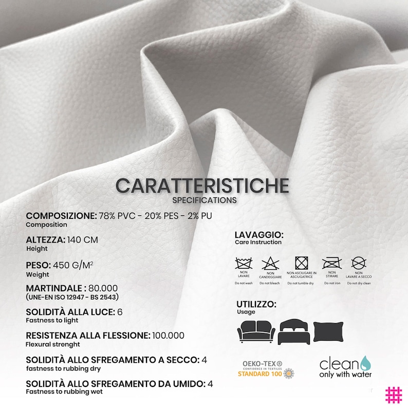 May include: A close-up of white fabric with detailed specifications. The fabric is 140 cm in height and weighs 450 g/m&sup2;. The image includes care instructions and usage icons for furniture.