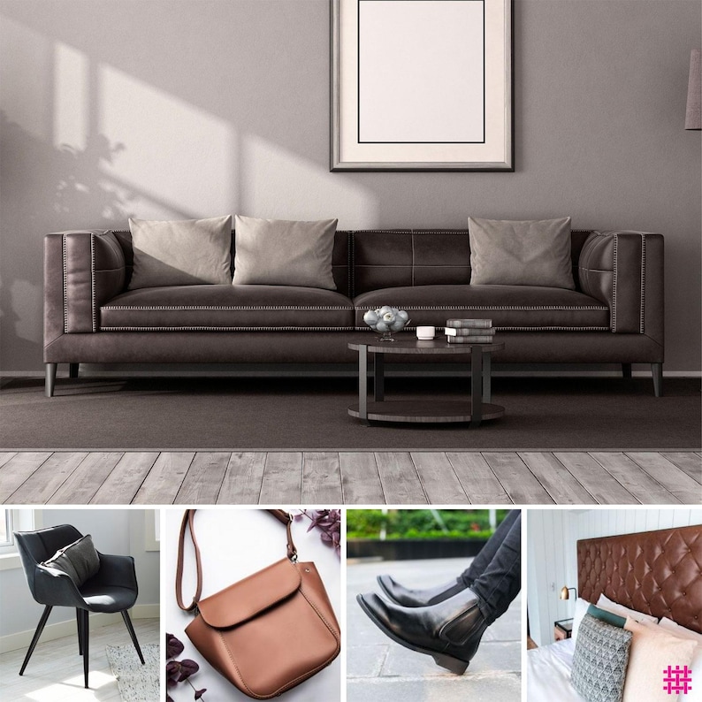 May include: A sepia-toned interior scene featuring a brown leather sofa with two pillows, a round coffee table, and a framed artwork. Additional images show a black chair, a brown leather bag, black boots, and a tufted headboard.