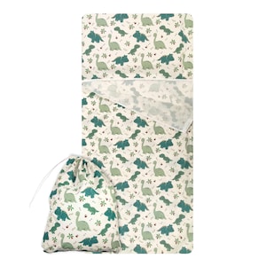 May include: A green and white sleeping bag with a dinosaur print. The sleeping bag comes with a matching drawstring bag.