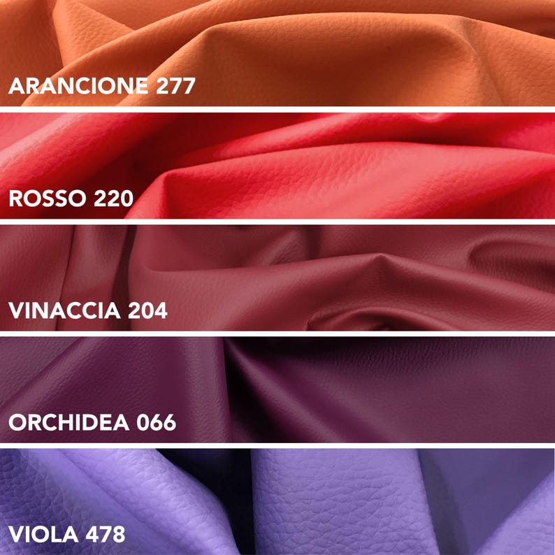May include: Close-up of five swatches of leather in various colors: orange, red, burgundy, purple, and violet. Each swatch has a color name and number printed on it. The leather has a textured surface.