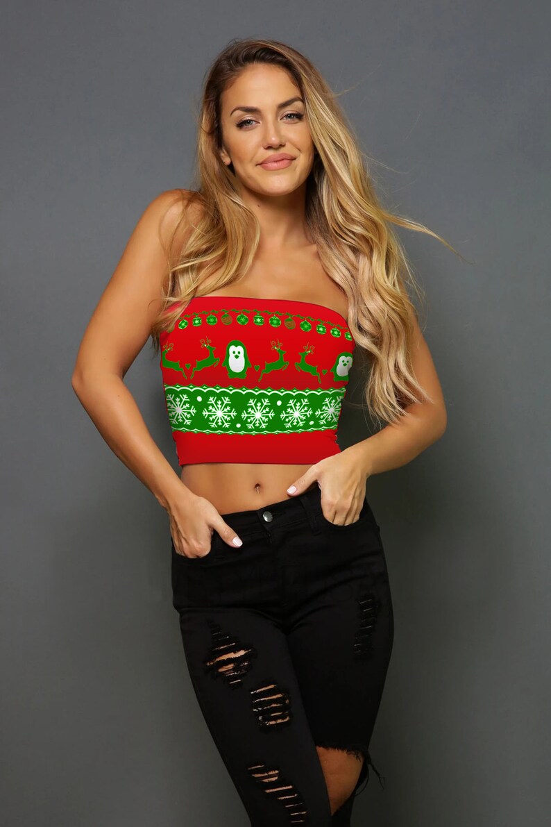 Christmas SLINKY BANDEAU CROP Top Party Costume Reindeer snowflake Penguin Strapless Bra bralet Cropped boob tube top Bralette Xmas Themed