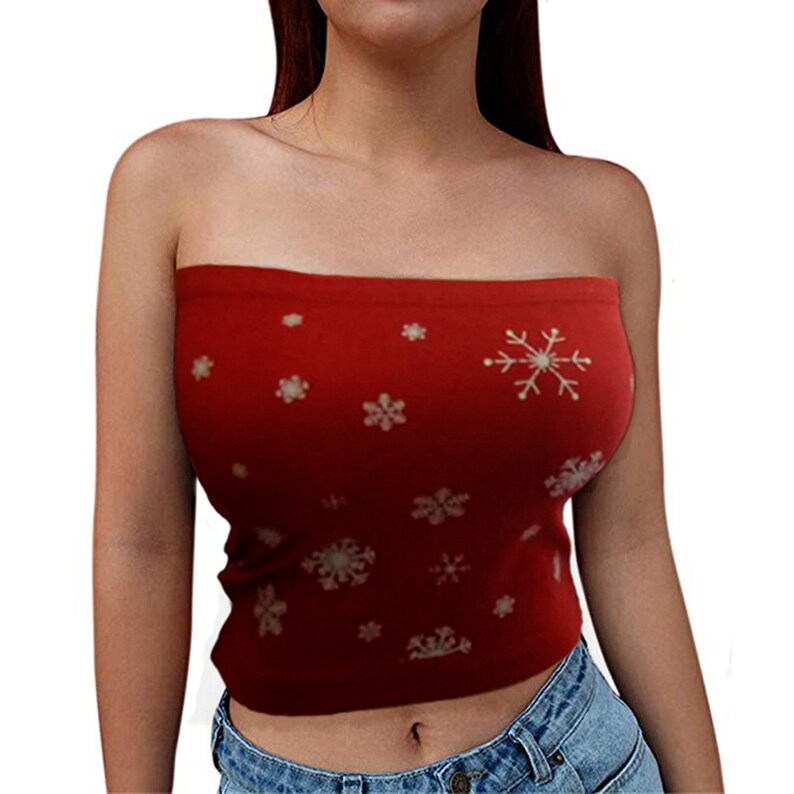 Christmas SLINKY BANDEAU CROP Top Party Costume Reindeer snowflake Penguin Strapless Bra bralet Cropped boob tube top Bralette Xmas Themed