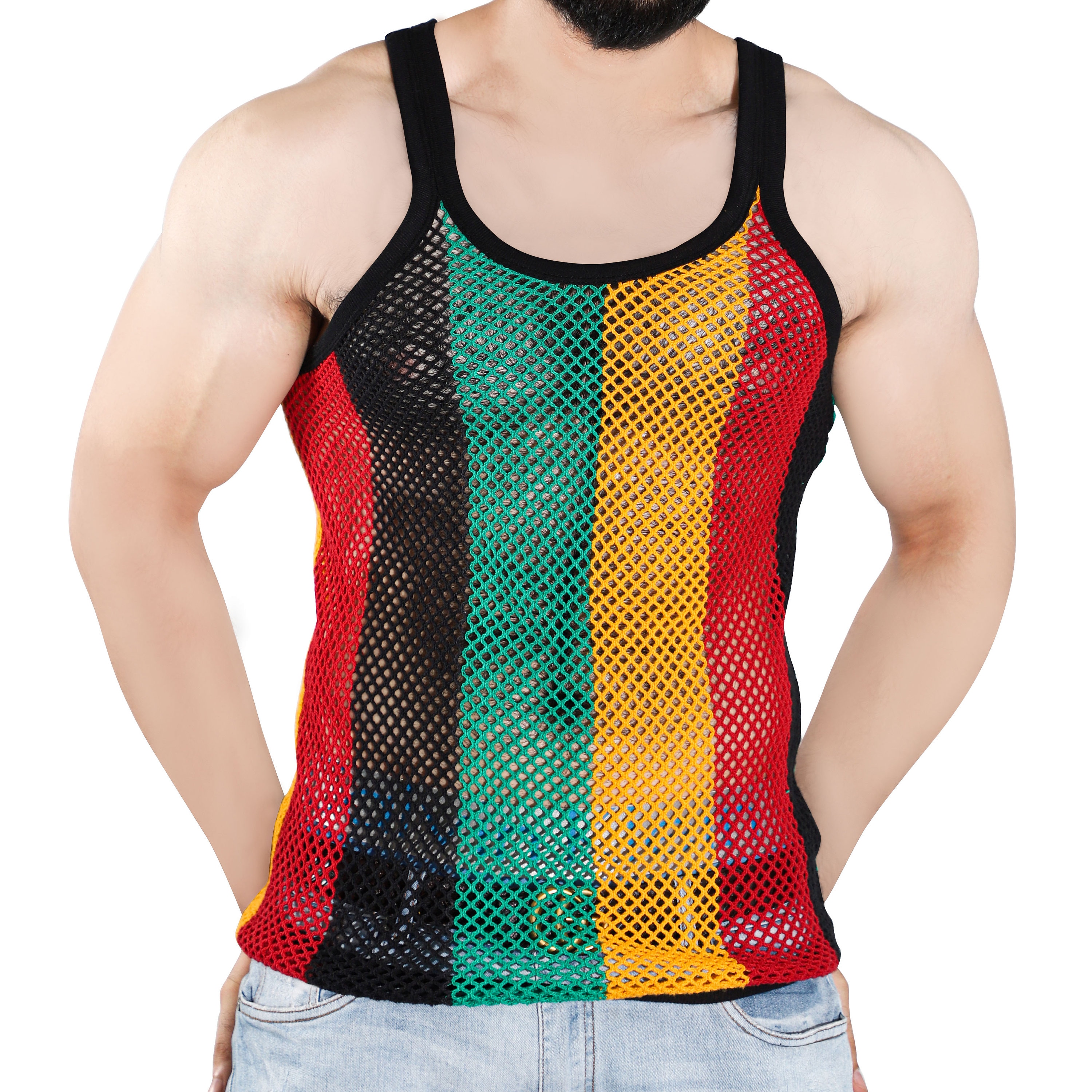 Handmade Rasta String Vest Mesh Fitted Striped Black Etsy UK