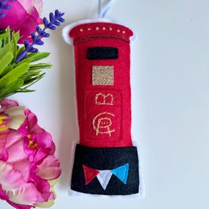 London post box souvenir gift for mum, King Charles coronation gift, royal hand embroidered felt decor, hand sewn red letter box ornament