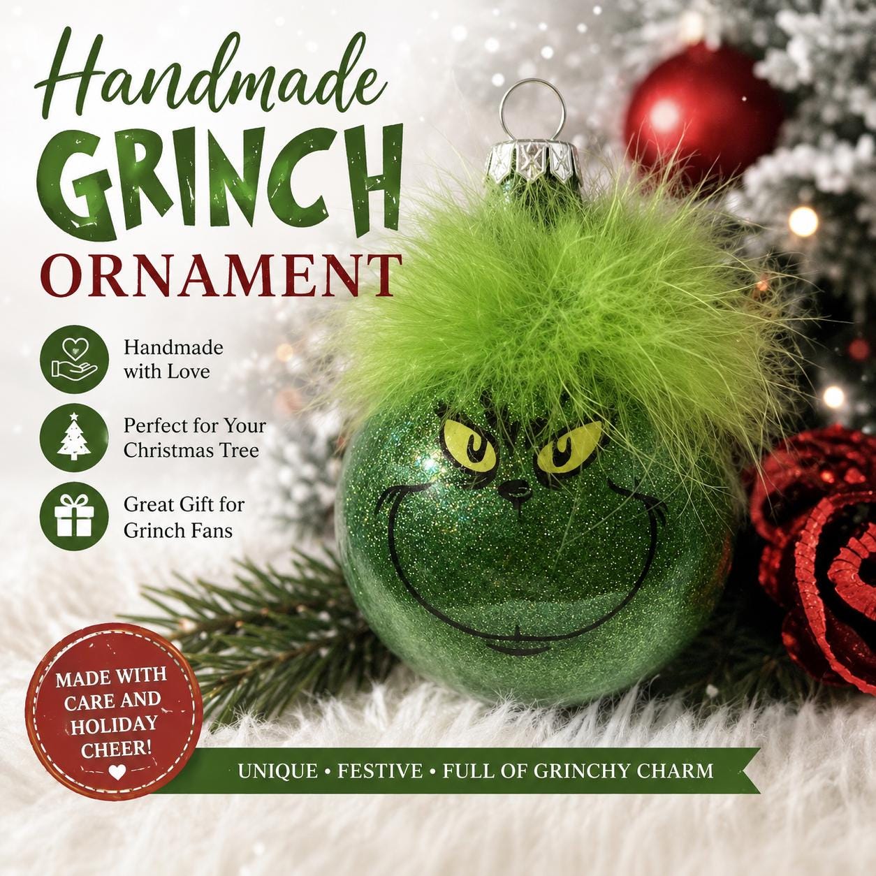 Handmade Grinch Christmas Ornament, Glittery Plastic Tree Decoration