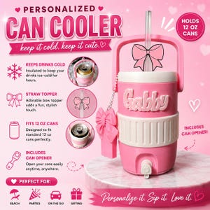May include: A pink and white insulated can cooler with a handle, a clear straw, and a pink bow charm. The cooler features the name Gabby in raised white letters, a white middle band, a bottom spigot, and a small attached can opener tool.