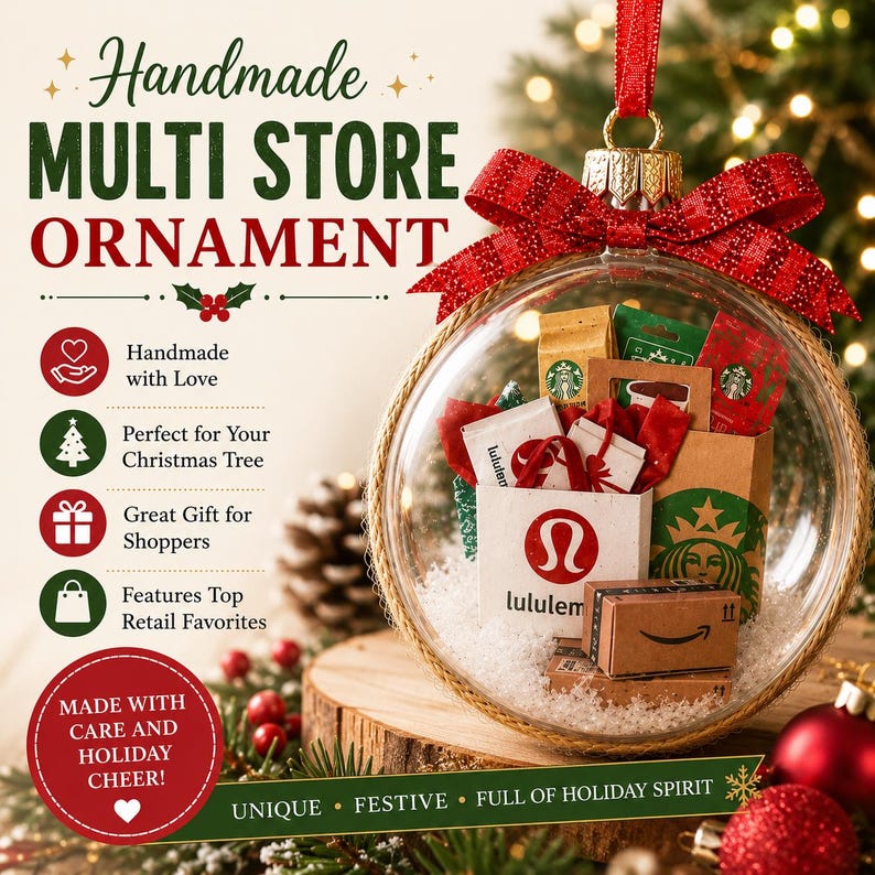 May include: A clear glass Christmas ornament filled with miniature shopping bags from popular retailers like Lululemon, Starbucks, and Amazon. The ornament is decorated with a red ribbon and sits on a wooden base, evoking a festive holiday theme.
