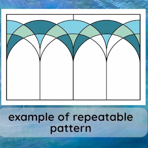 K&ouml;nnte beinhalten: Ein rechteckiges Grafikdesign mit einem sich wiederholenden Bogenmuster mit schwarzen Umrandungen. Das Design enth&auml;lt Segmente in Hellblau, T&uuml;rkis und Wei&szlig;. Der Text "example of repeatable pattern" ist unten in Schwarz aufgedruckt.