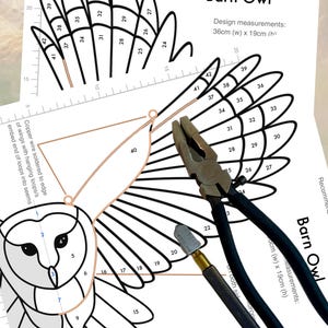 May include: A detailed pattern for a Barn Owl design, with design measurements of 14 inches (w) x 7.5 inches (h). Includes a diagram, tools, and text. The image shows a glass cutter and pliers.