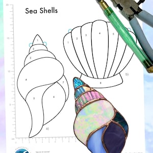 May include: A stained glass pattern for creating two sea shells. The pattern includes numbered sections for cutting and assembling the glass. The pattern is printed on white paper with black lines and includes measurements in centimeters.