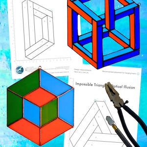 May include: An optical illusion package featuring three designs: an impossible square, a cube, and an impossible triangle. The package includes diagrams and a colorful cube with blue, green, and orange panels. The text "Optical Illusion Package" is visible.