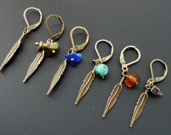 Feather Dangle Earring for Men, Natural Stone Accent (Single)