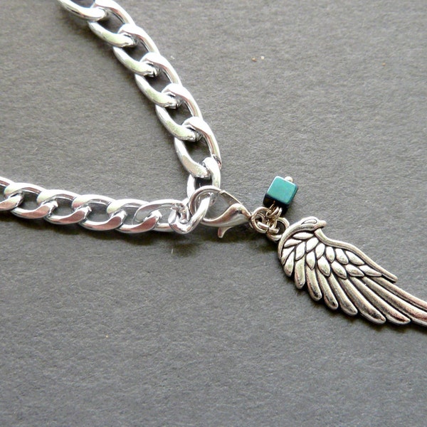 Steel Chain Choker Eagle Wing Blue Hematite pendant Chain Goth Necklace Boho Choker Gift for Men for Guys Birthday Men gift for Girlfriend