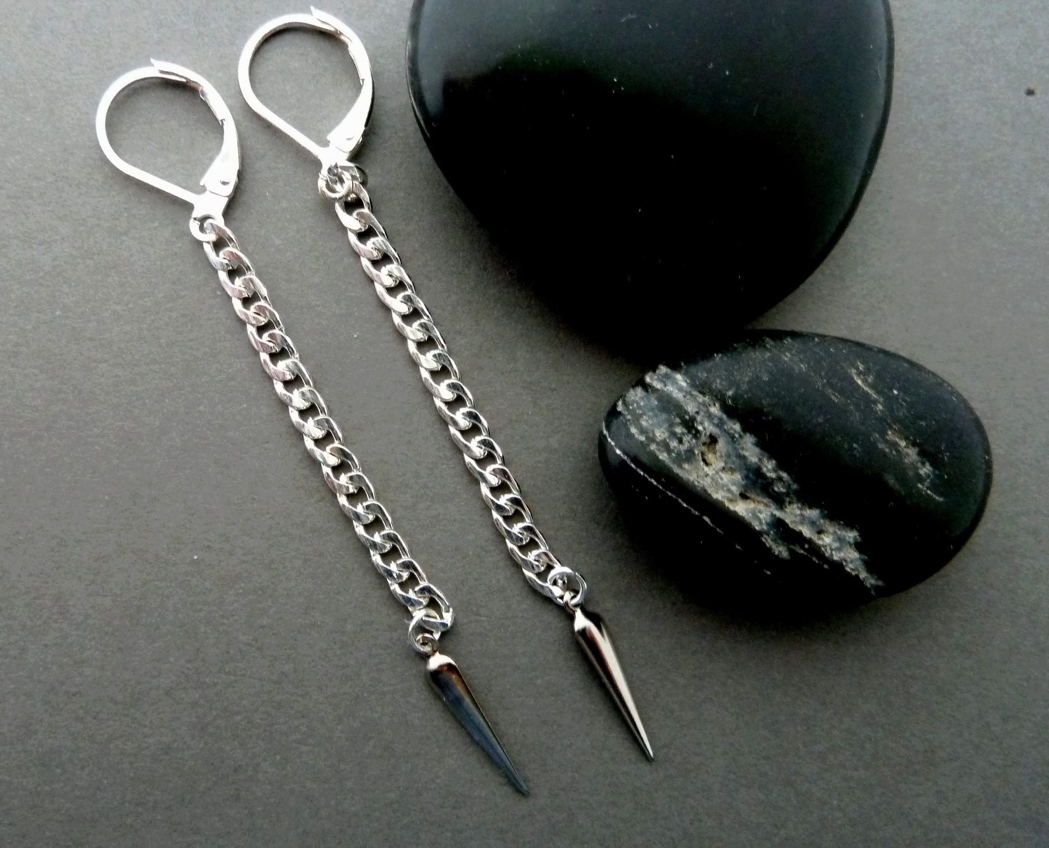 Men Dangle Earring Silver Chain Cone Earring Dangle Chain Men Earring