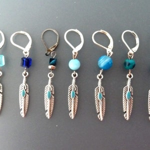Men Dangle earring Silver Feather with Blue Natural stone earring Single man earring Birthday men gift for Girlfriend  for Dad for boyfriend