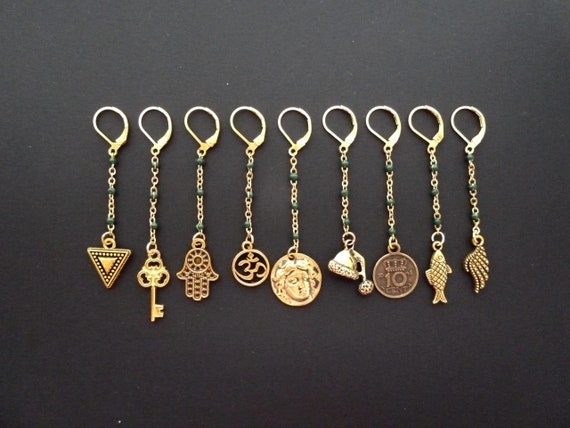 Men Dangle earring Gold Green Enamel earring Chain Dangle Men earring Single earring Key Fish Wing Coin Birthday Men gift for Guy for Girl