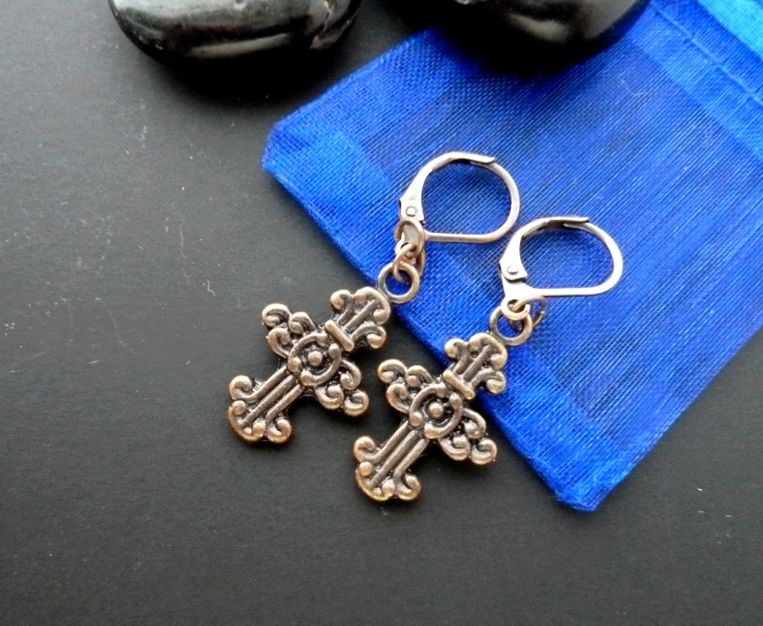 One Cross Earring Copper Cross Men Dangle Copper Earrings Etsy